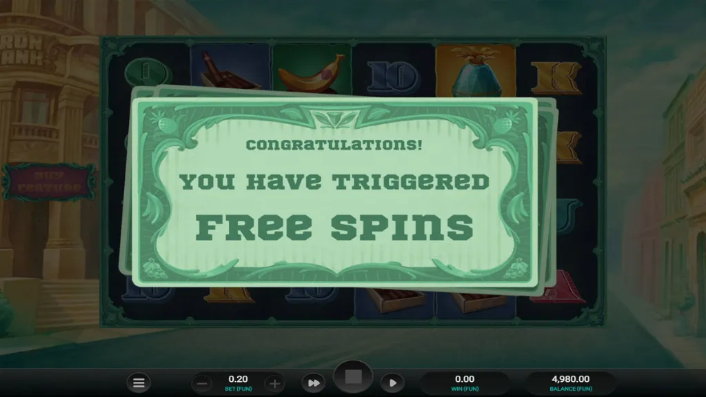 Iron Bank slot game screen announcing free spins triggered with a congratulatory banner.