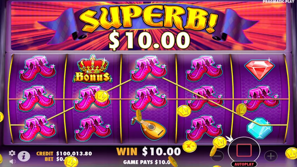 Joker’s Jewels slot machine big win screen showing $10.00 payout with superb banner, bonus crown symbol, pink jester shoes, and gems on purple reels.