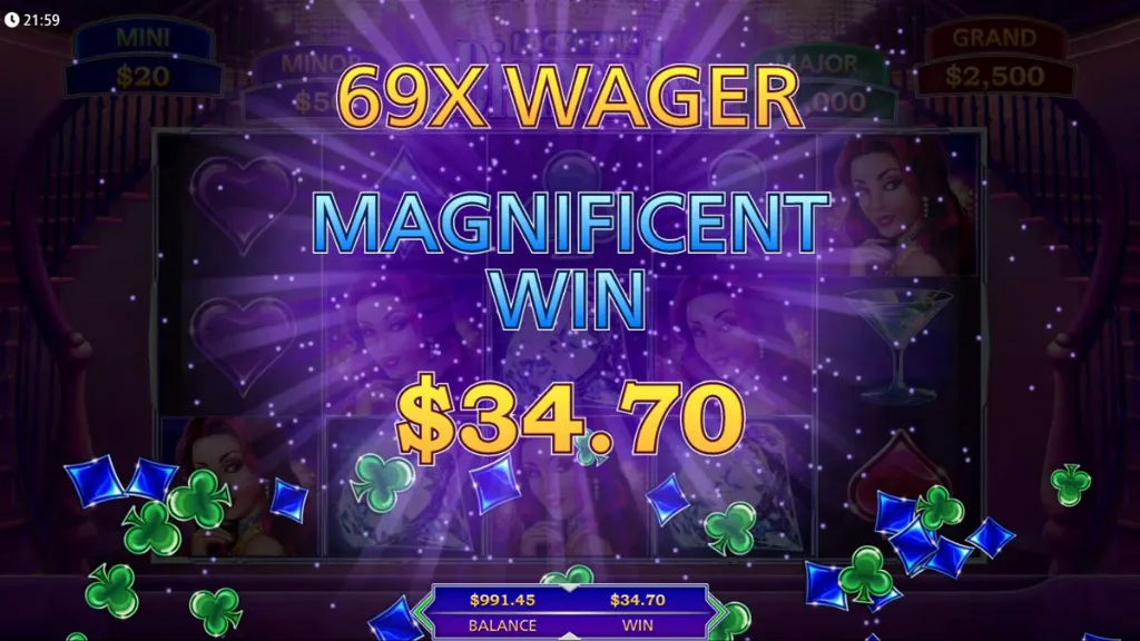 The Lock It Link Diamonds slot game celebrates a massive payout with bright win animations and the total prize displayed.