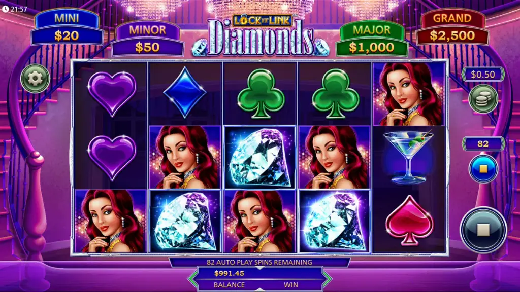 The Lock It Link Diamonds slot game shows diamond symbols landing to trigger the bonus feature.