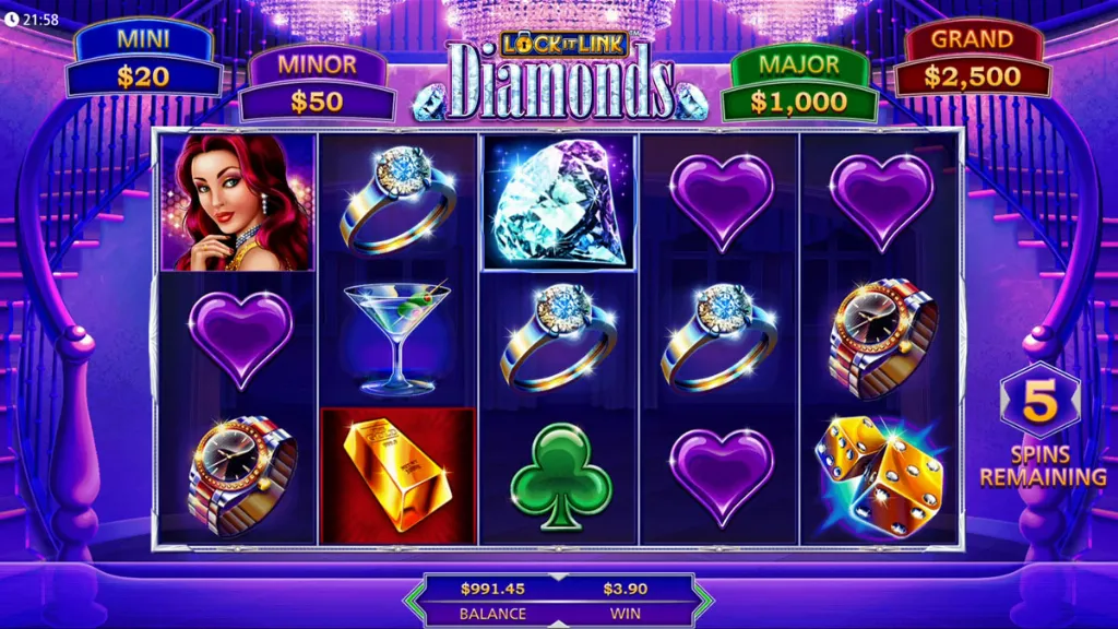 The Lock It Link Diamonds slot game is in the bonus round with special high-value symbols and accumulating rewards.