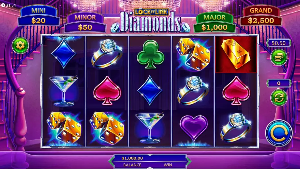 The Lock It Link Diamonds slot game displays its base reels with sparkling diamond and character symbols during standard spins.