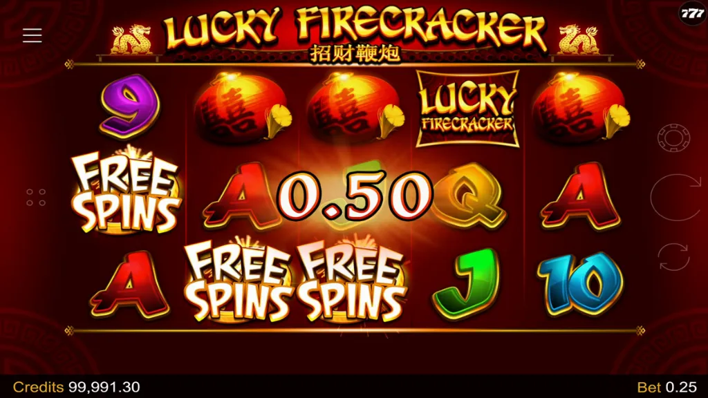 Lucky Firecracker slot showing bonus symbols triggering the free spins feature with fireworks exploding behind the reels.