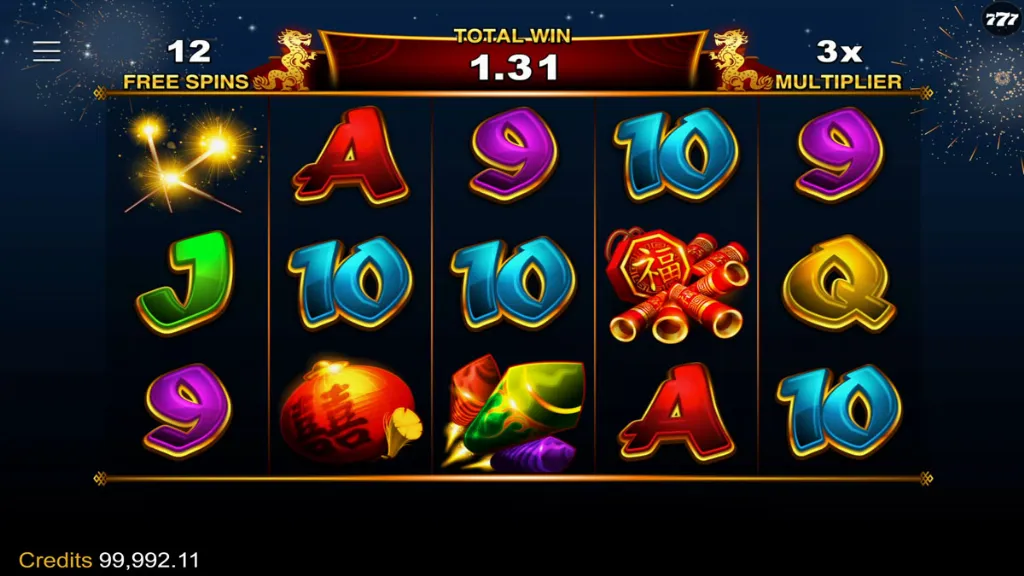 Lucky Firecracker slot during free spins bonus round with firework wilds and multiplier wins on the reels.
