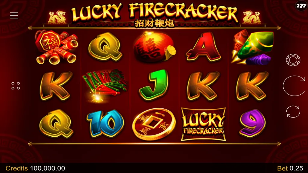 Lucky Firecracker slot base game with colorful lanterns, coins, and traditional firecracker symbols spinning on the reels.