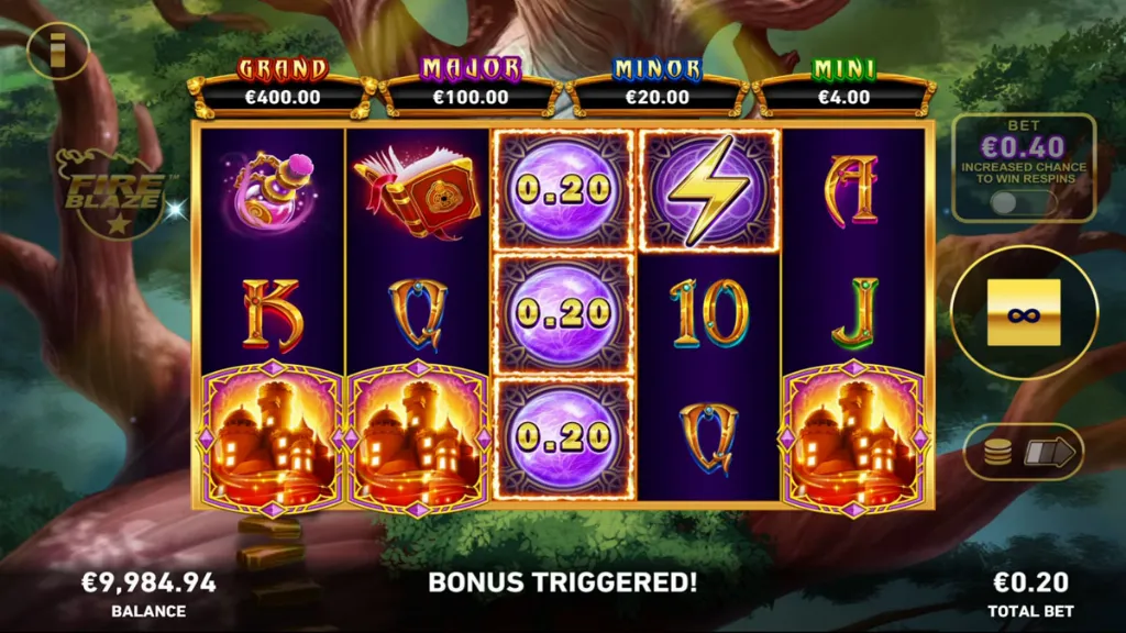 Gameplay reels of Mega Fire Blaze: 3 Wizards showing castle scatter symbols and glowing orbs worth €0.20 each, with text “BONUS TRIGGERED!” at the bottom. Balance: €9,984.94, total bet: €0.20.