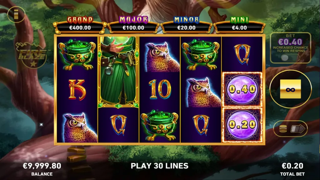 Mega Fire Blaze - Gameplay image with wizards and symbols.