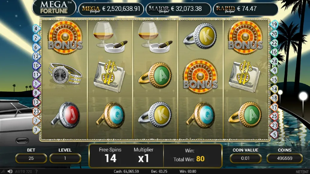 Mega Fortune slot free spins bonus round with multiplier