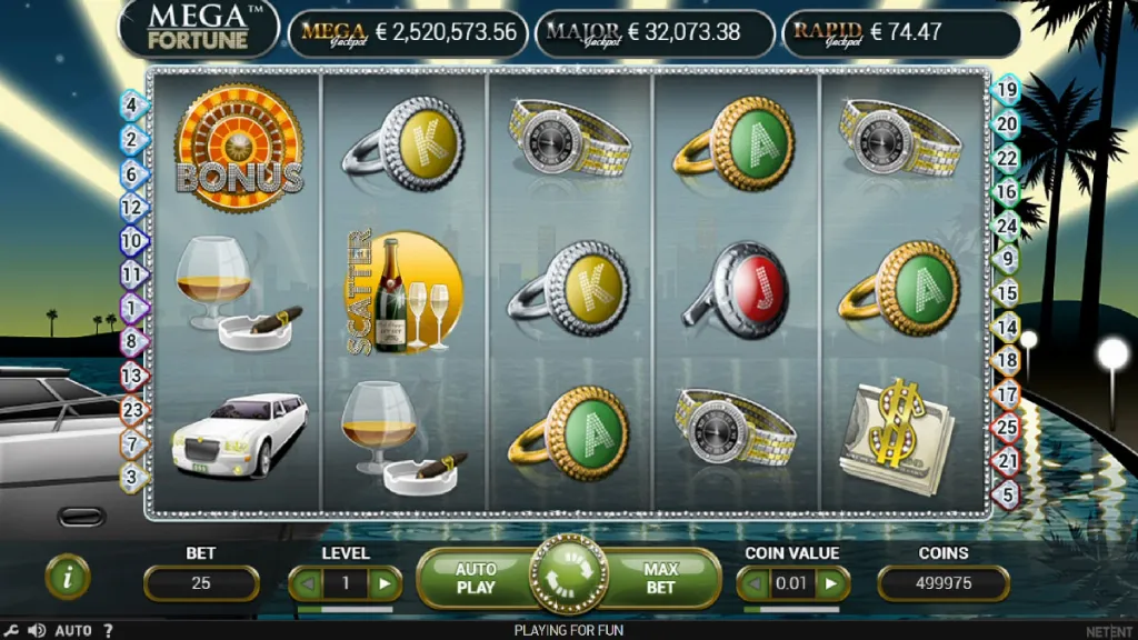 Mega Fortune slot normal base game reels and symbols