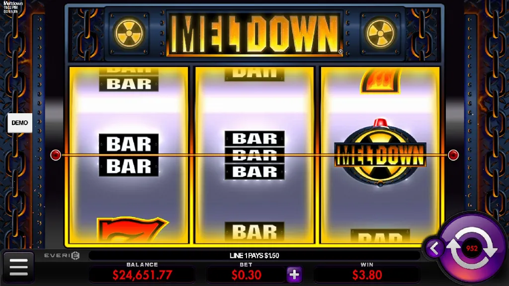 Meltdown slot bonus feature triggered with BARs and special symbol on the reels