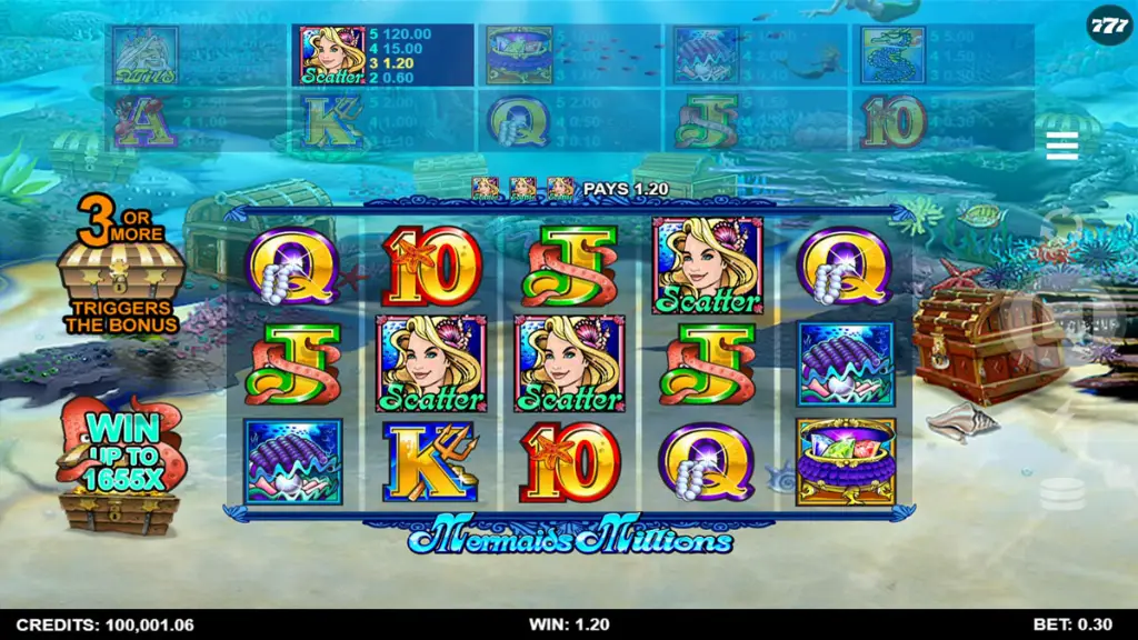 Mermaids Millions slot reels displaying mermaid scatter symbols and treasure chests that activate the bonus round.