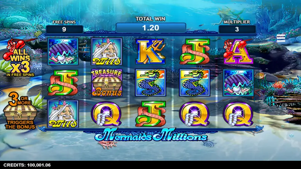 Mermaids Millions slot free spins round with wild Neptune symbols, treasure chests, and sea creature icons.