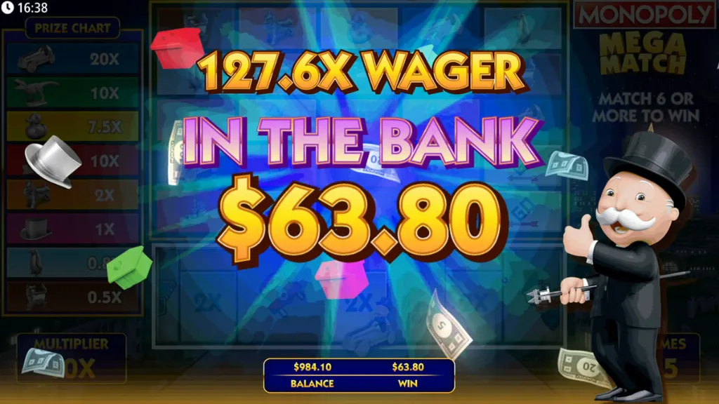 A big win screen in Monopoly Mega Match shows $63.80 with Mr. Monopoly celebrating beside floating cash.