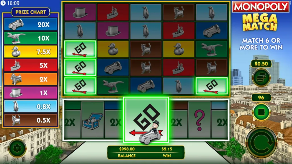 The Monopoly Mega Match slot highlights the "GO" feature trigger, unlocking the path to bonus gameplay.
