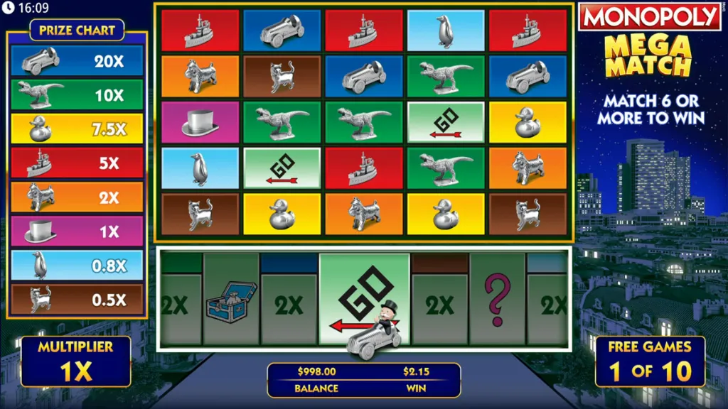 Monopoly Mega Match displays free games in progress with Mr. Monopoly driving across the reels.