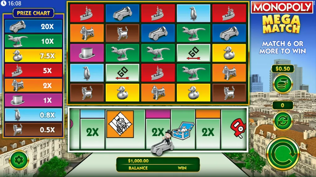 Standard spin on the Monopoly Mega Match slot featuring classic tokens like the car, penguin, and dog.
