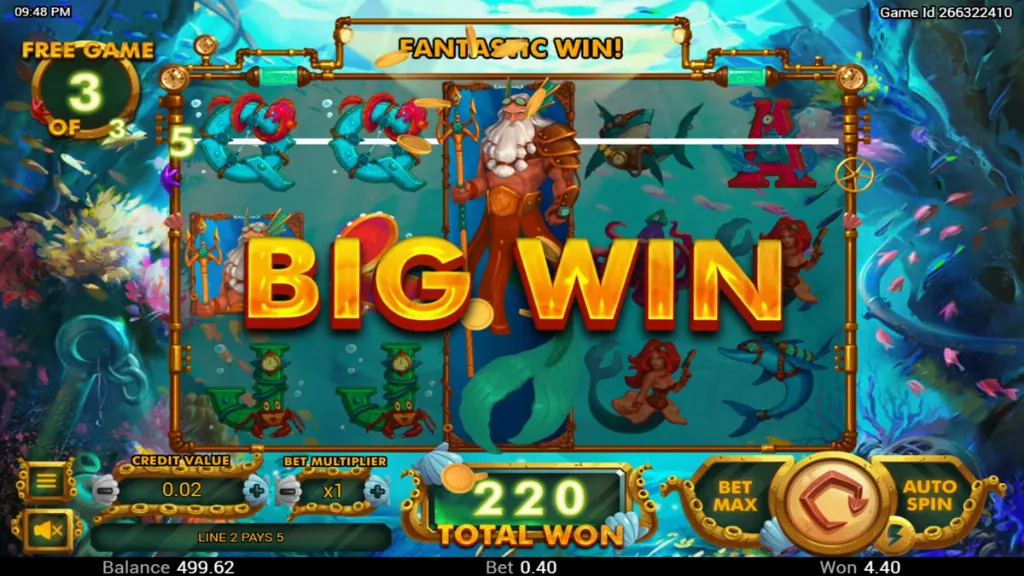 Neptune’s Gold slot big win celebration with coins and the payout prominently displayed.