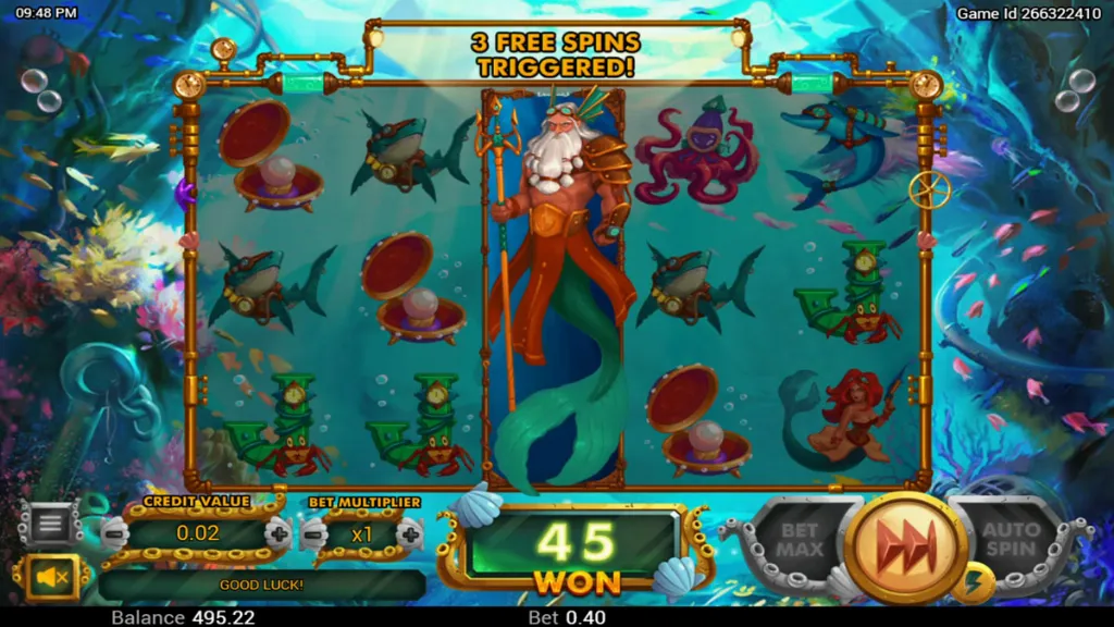 Neptune’s Gold slot free spins round in progress with ocean-themed symbols and highlighted wins.