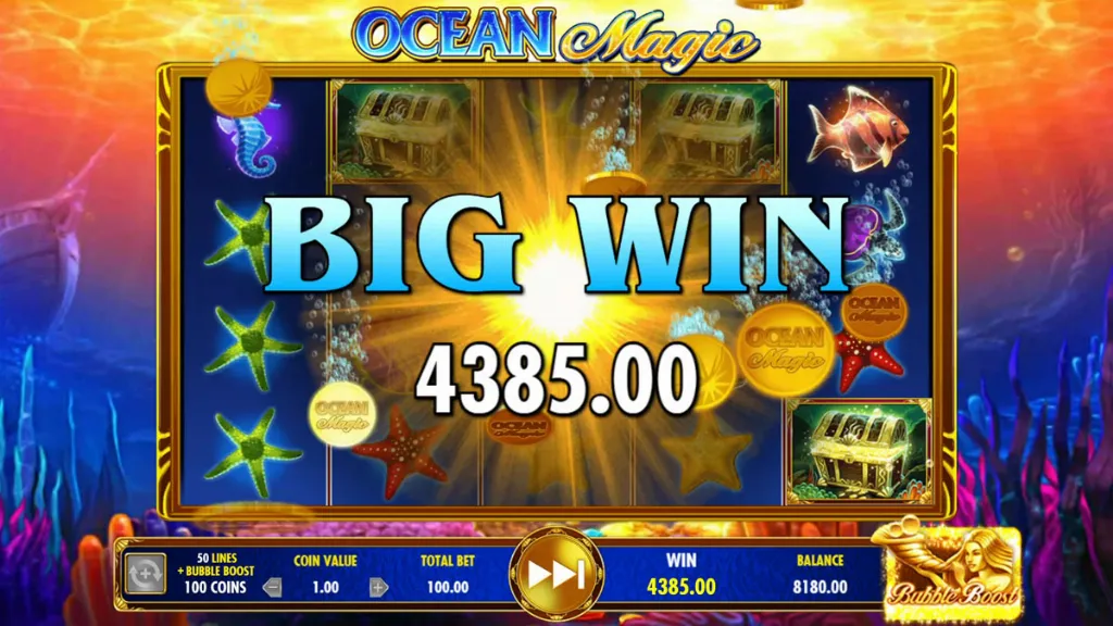A big win screen in Ocean Magic displaying a glowing “BIG WIN” message with coins and sea-themed symbols surrounding it.