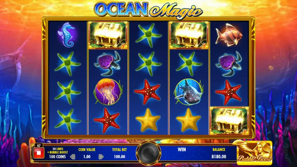 Colorful underwater reels from the game Ocean Magic showing starfish, turtles, treasure chests, and jellyfish against a vibrant ocean backdrop.