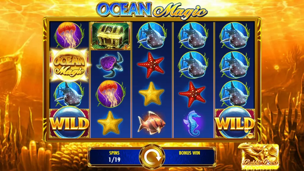 Bonus round in the game Ocean Magic featuring multiple dolphin symbols, wild icons, and glowing underwater creatures on the slot reels.