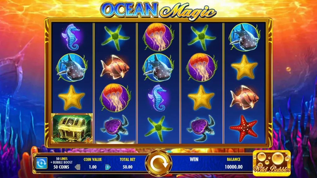 Standard gameplay screen of Ocean Magic with sea animals, treasure chests, and bright marine-themed symbols spinning on the reels.