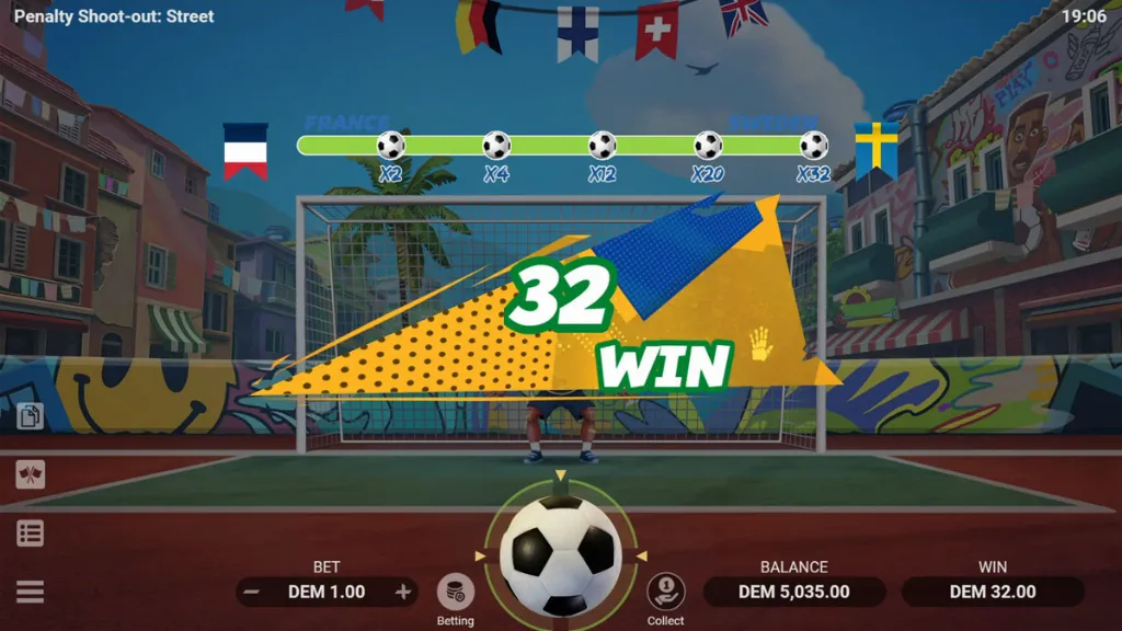 Penalty Shoot-Out: Street slot normal gameplay with a goalkeeper and multiplier ladder in a vibrant urban football setting.