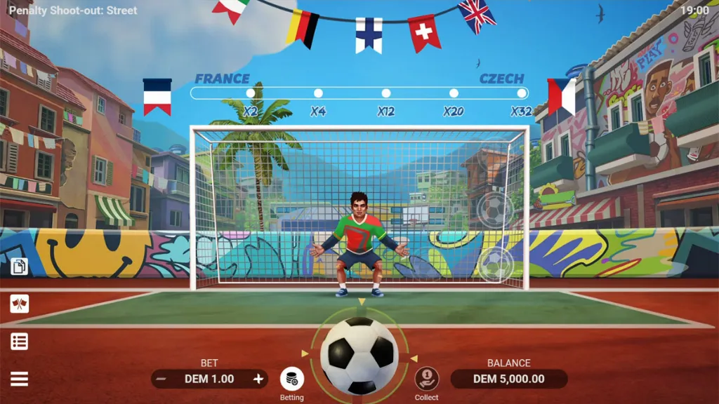 Penalty Shoot-Out: Street slot big win screen showing multiplier progression up to 32x with colorful football-themed graphics.