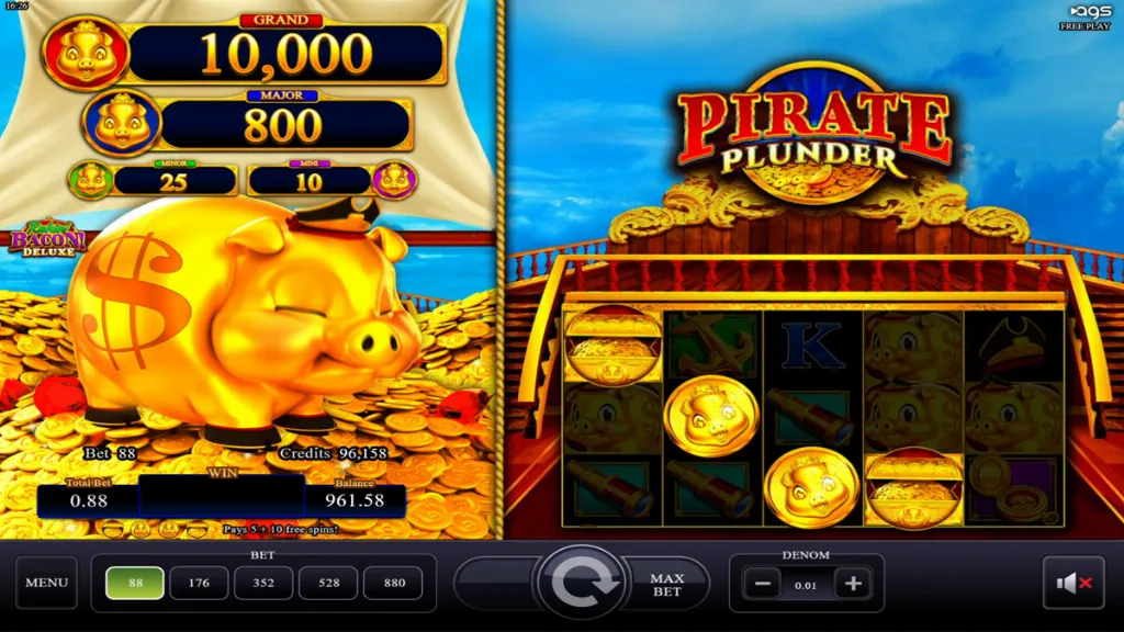 Slot game Pirate Plunder showing the bonus trigger screen with golden pig icons and treasure symbols activating the bonus feature.