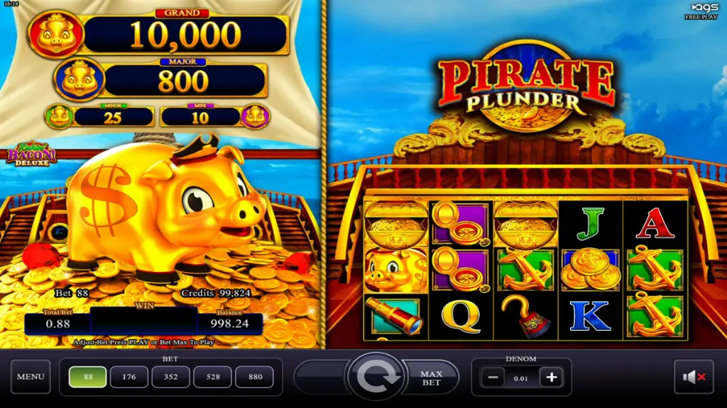Base game screen of Pirate Plunder displaying the reels filled with coins, anchors, telescopes, and playing card icons.