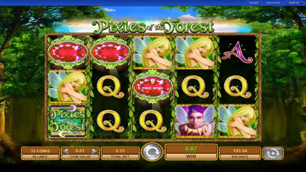 Pixies of the Forest slot reels with bonus symbols landing to trigger free spins.