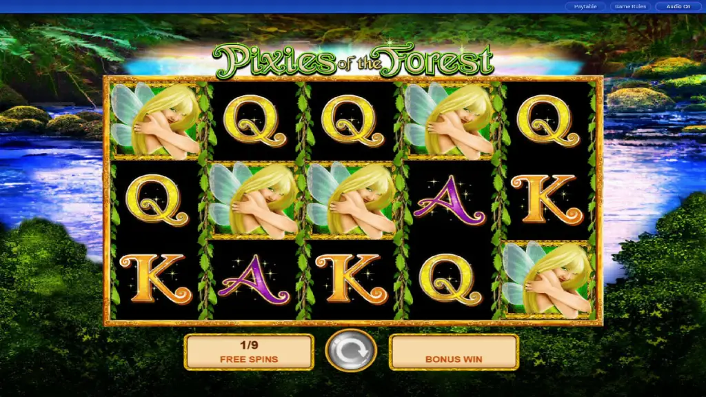 Pixies of the Forest slot bonus round in progress with fairy and wild symbols.