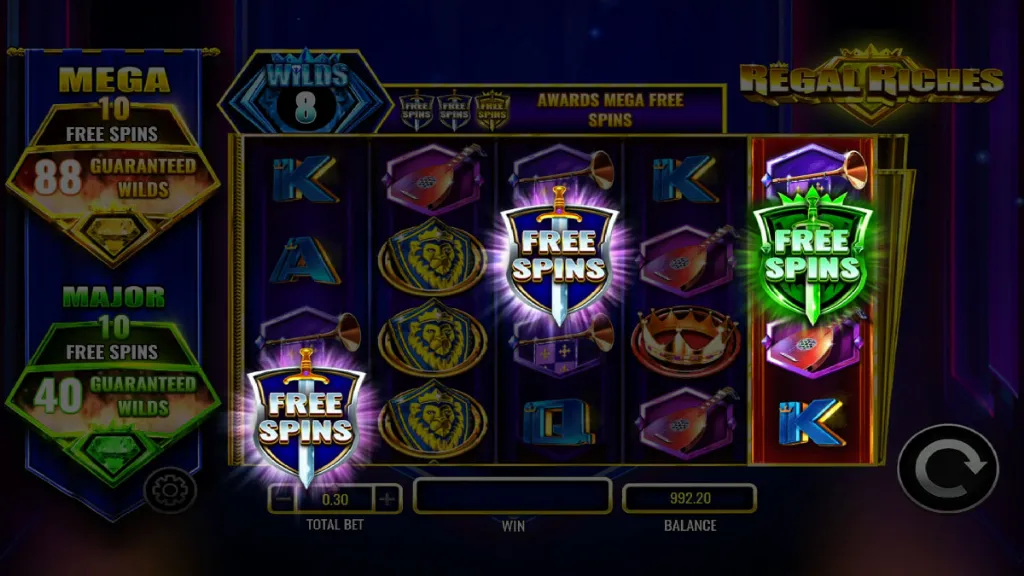 Regal Riches slot showing bonus trigger with multiple Free Spins symbols lighting up the reels