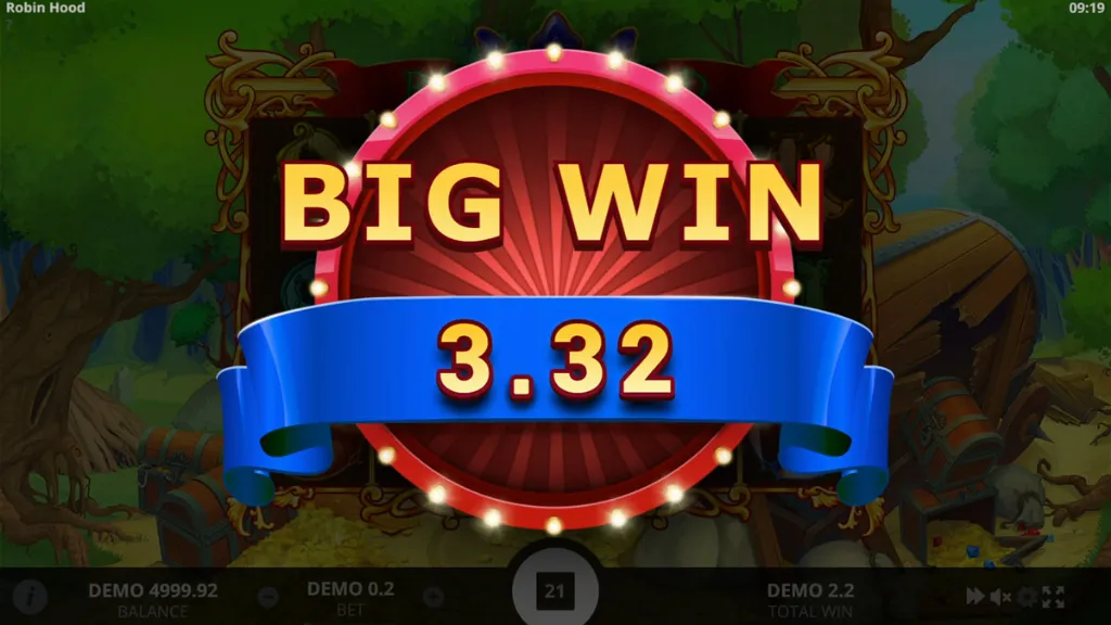 Robin Hood slot big win screen showing 3.32 payout with celebratory banner over treasure-filled forest backdrop.