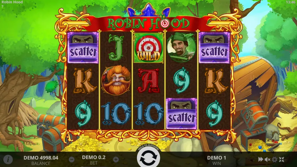 Robin Hood slot bonus trigger with scatter symbols landing on the reels to activate free spins feature.