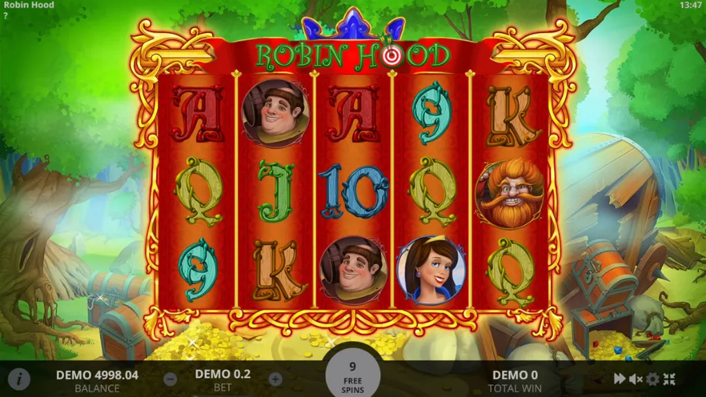 Robin Hood slot free spins bonus round in progress with scatter, wild, and character symbols on forest reels.