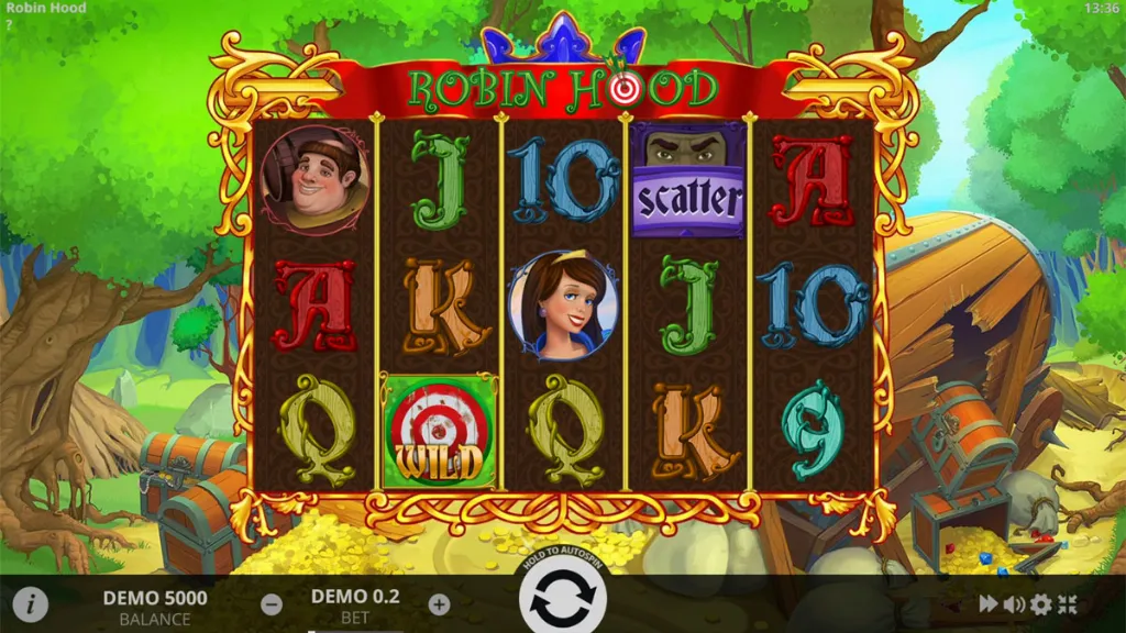Robin Hood slot reels during normal gameplay with character symbols, forest background, and treasure chests in demo mode.