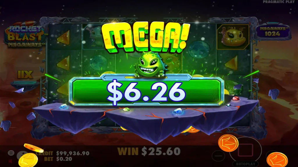A green alien celebrates a $6.26 win in Rocket Blast Megaways with bright “MEGA!” text and flying coins.