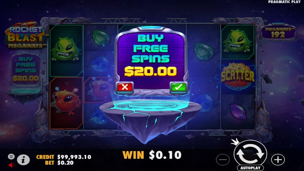 A glowing futuristic panel offers players the option to buy free spins for $20 in Rocket Blast Megaways.
