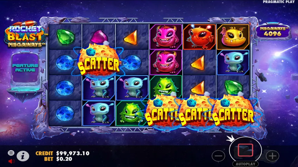 Multiple scatter meteor symbols land on the reels to trigger the bonus feature in Rocket Blast Megaways.