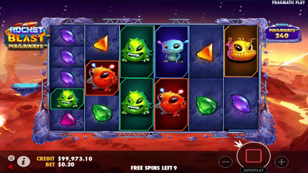 Free spins play out on Martian terrain with aliens and gems lining the reels in Rocket Blast Megaways.
