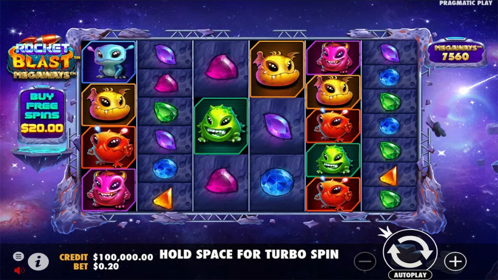 The reels of Rocket Blast Megaways show colorful alien creatures and sparkling gems floating in outer space.