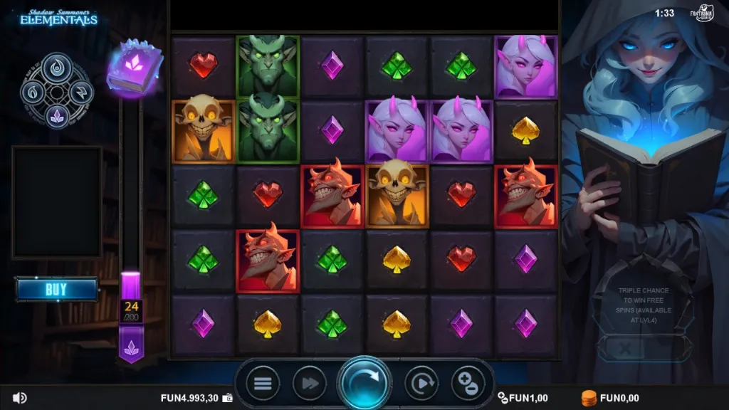 Shadow Summoner Elementals slot game screen showing fantasy-themed symbols of demons, elves, skulls, and colorful gems with a hooded sorceress holding a glowing book on the side