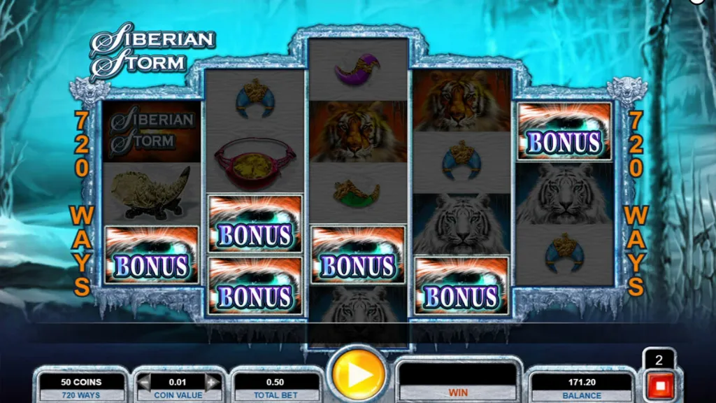 Siberian Storm slot reels with multiple bonus eye symbols triggering the free spins feature.