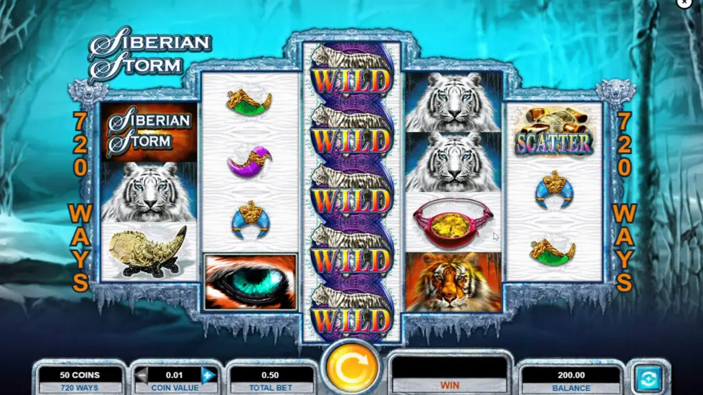 Siberian Storm slot reels featuring white tigers, tiger eyes, and gemstone symbols during standard play.