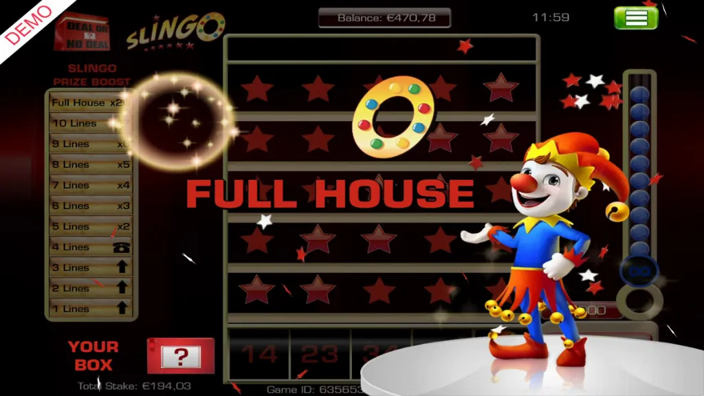 A full house big win screen in Slingo Deal or No Deal with the banker offer revealed in golden text.