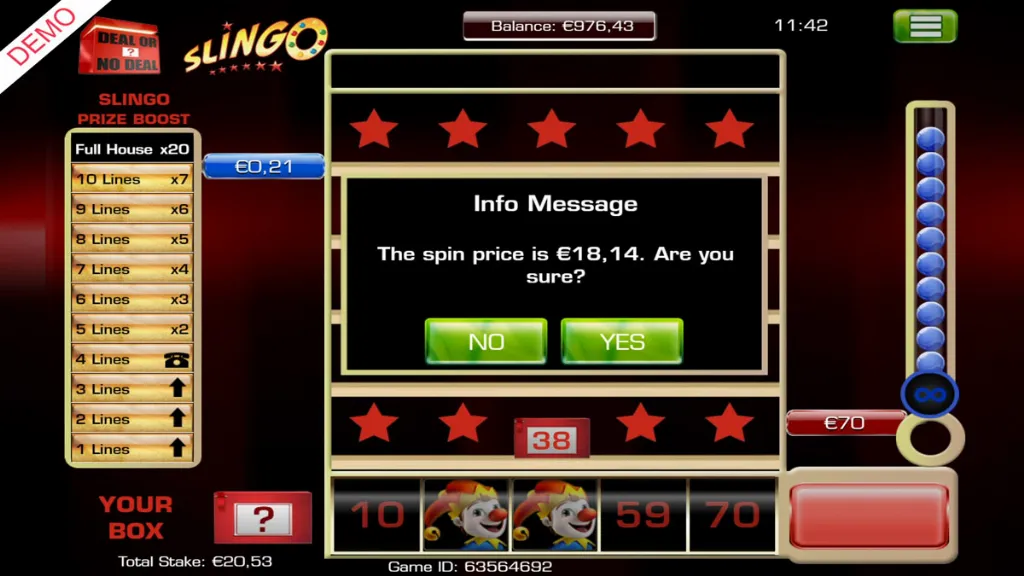 The Slingo Deal or No Deal slot displays a bonus buy screen offering an extra spin for purchase.