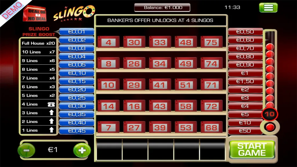 The Slingo Deal or No Deal slot shows a grid with numbers and reels spinning alongside banker phone icons.