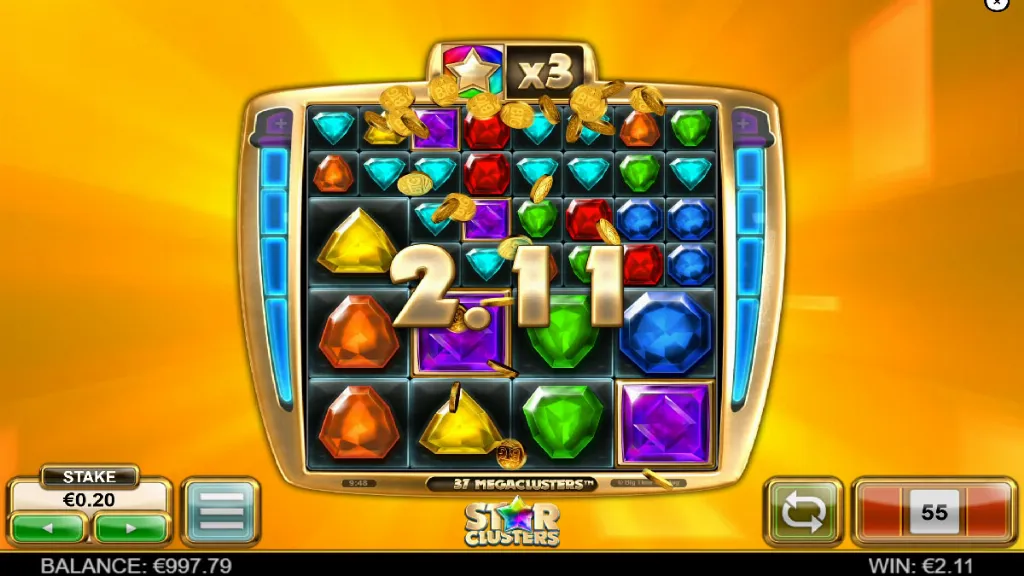 StarClusters Megaclusters slot Big Win screen showing 2.11 payout with glowing gems and coins flying.