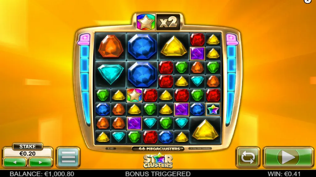 StarClusters Megaclusters slot reels with colorful gems and multipliers showing the bonus feature triggered.